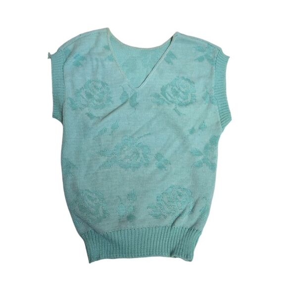 VINTAGE 70s sleeveless intarsia floral teal light academia sweater vest S‎ - Picture 1 of 9
